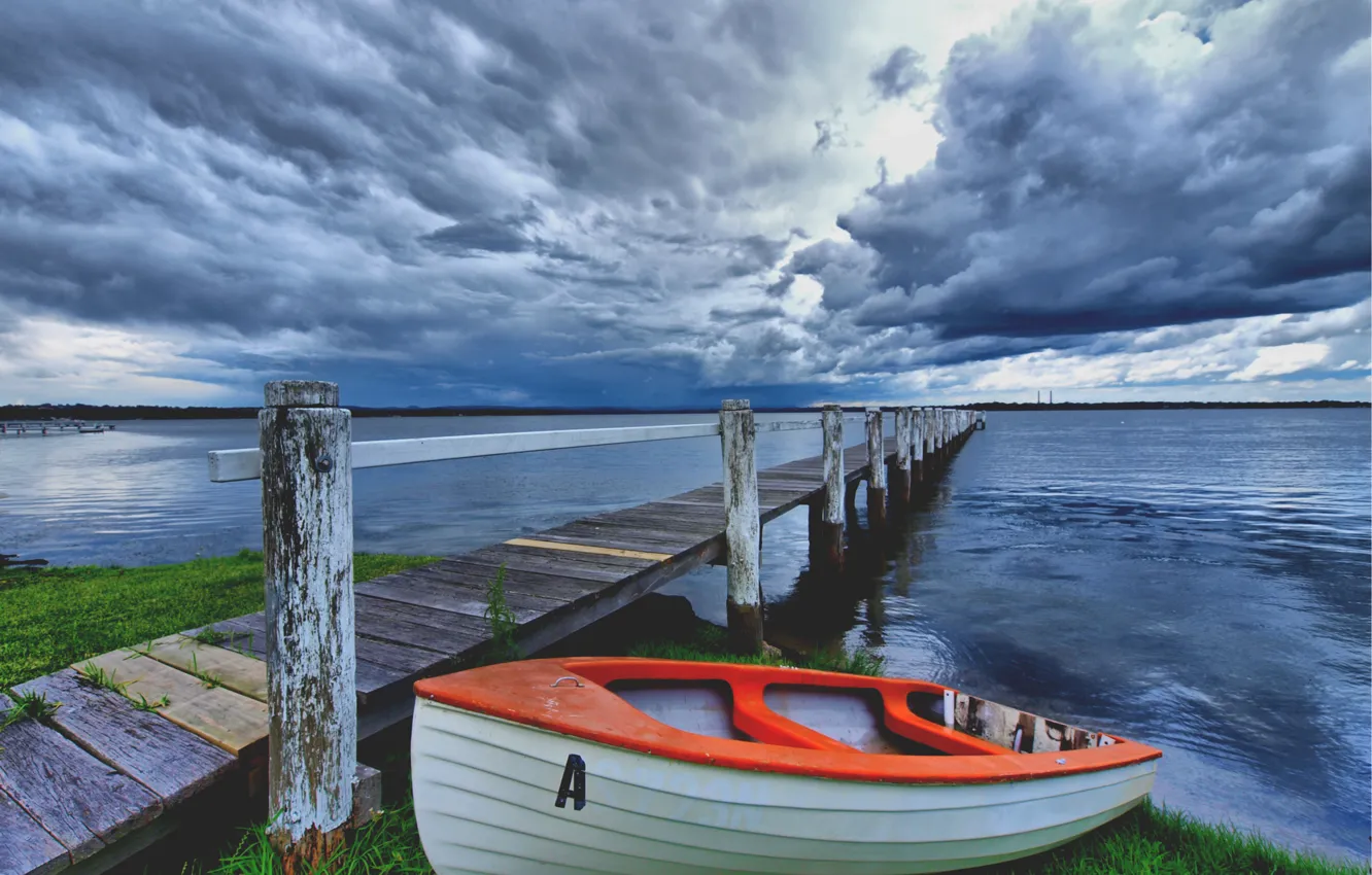 Photo wallpaper clouds, bridge, lake, shore, boat, The sky, storm