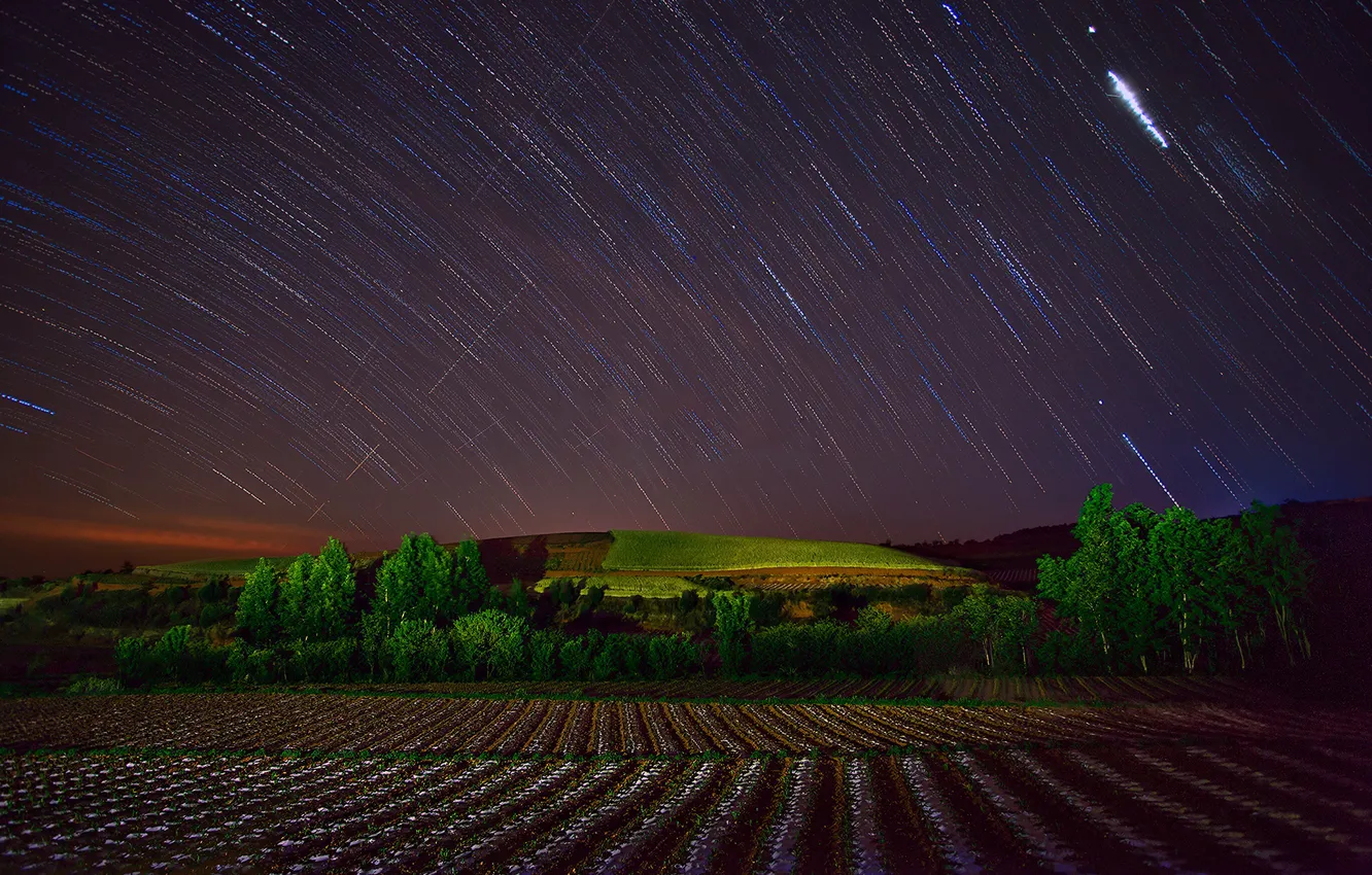 Photo wallpaper field, stars, night, hills