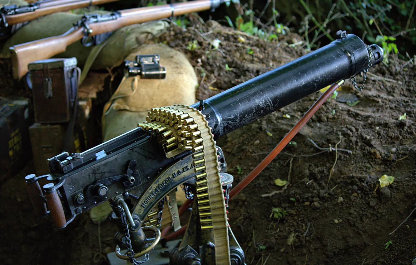 Photo wallpaper weapons, machine gun, the trench, tape cartridges