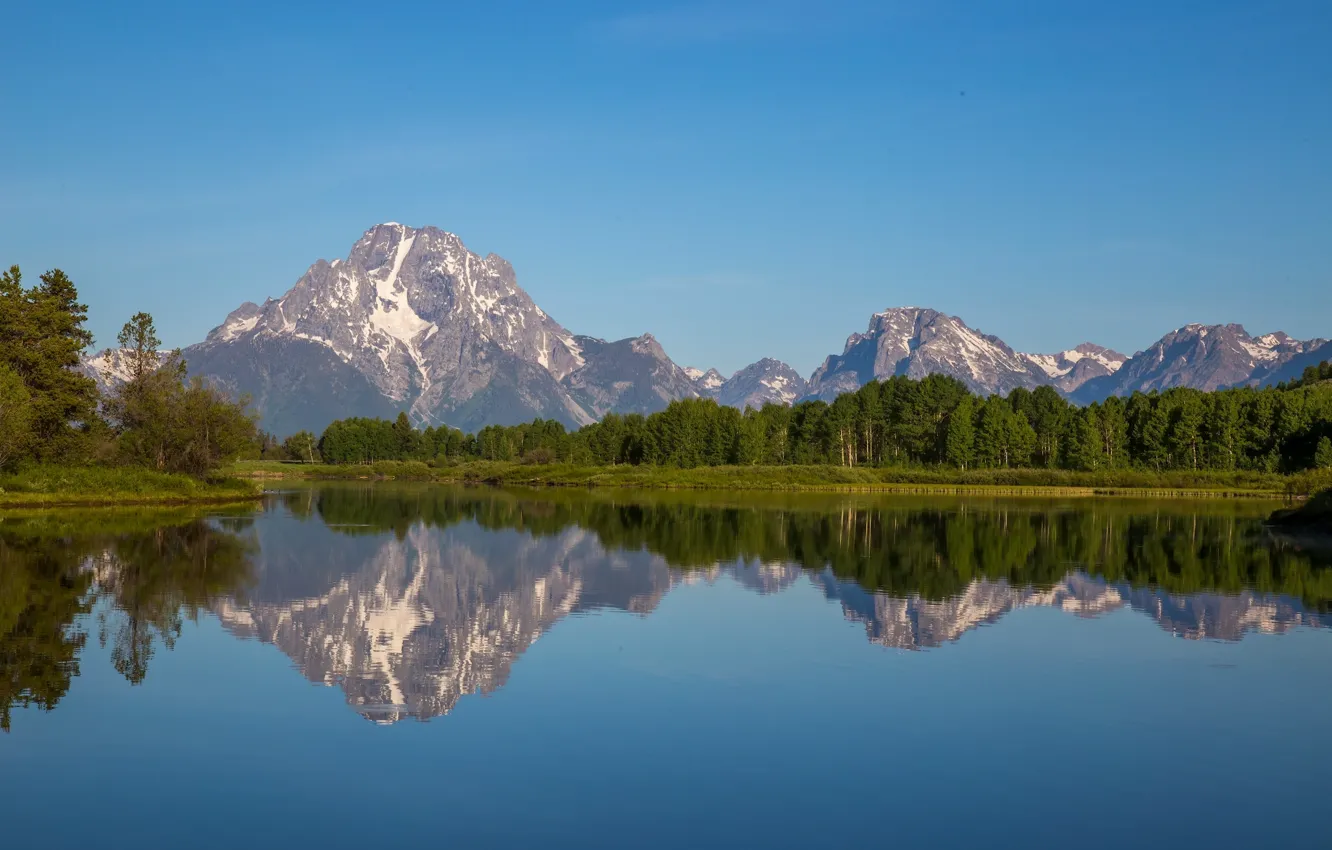 Photo wallpaper forest, mountains, reflection, river, tops, Wyoming, Wyoming, Grand Teton National Park