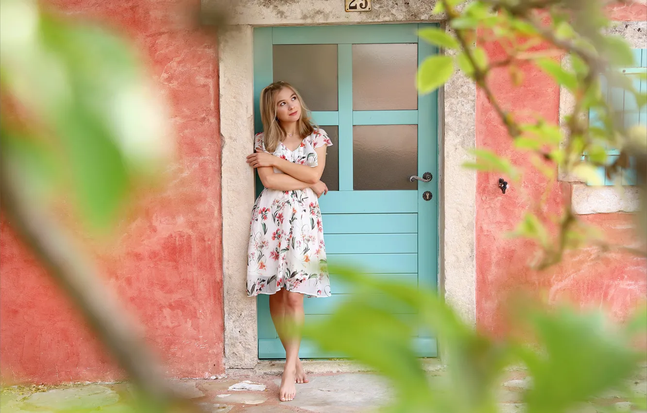 Photo wallpaper hot girl, blue, sexy woman, cute, posing, beautiful face, Outside, outdoors