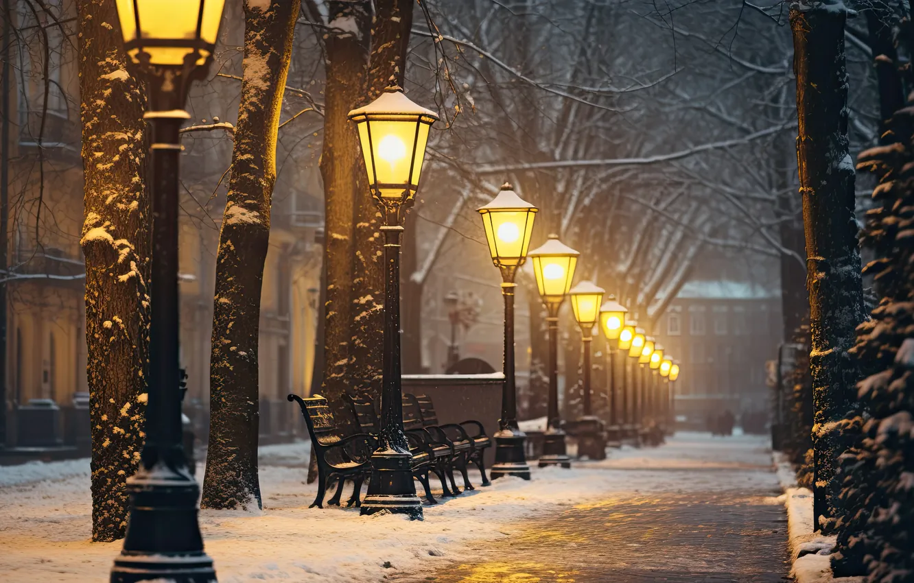 Photo wallpaper winter, snow, night, Park, street, lights, alley, night