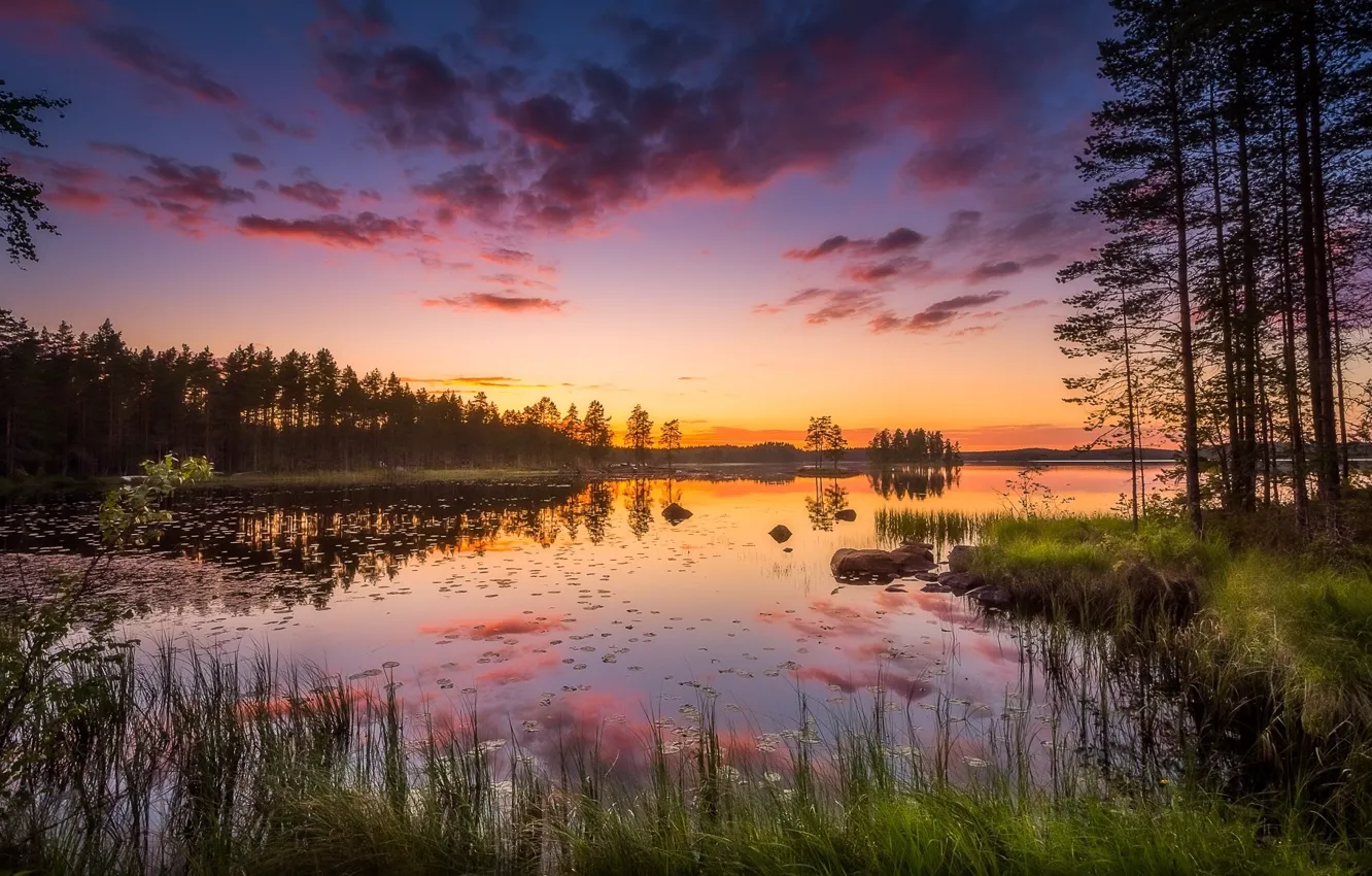 Photo wallpaper landscape, sunset, lake, Finland