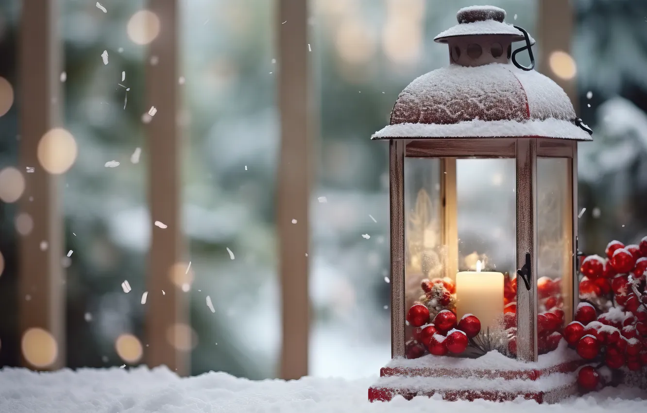 Photo wallpaper winter, snow, night, new year, Christmas, lights, Christmas, night