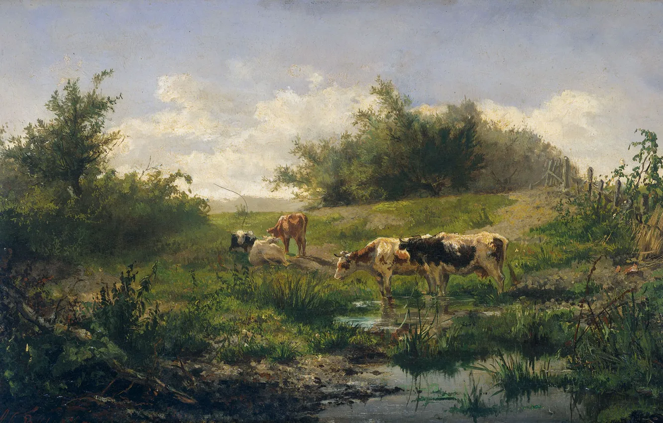 Photo wallpaper landscape, oil, picture, 1858, Albert Gerard Bilders, Albertus Gerardus Builders, Cows in a puddle