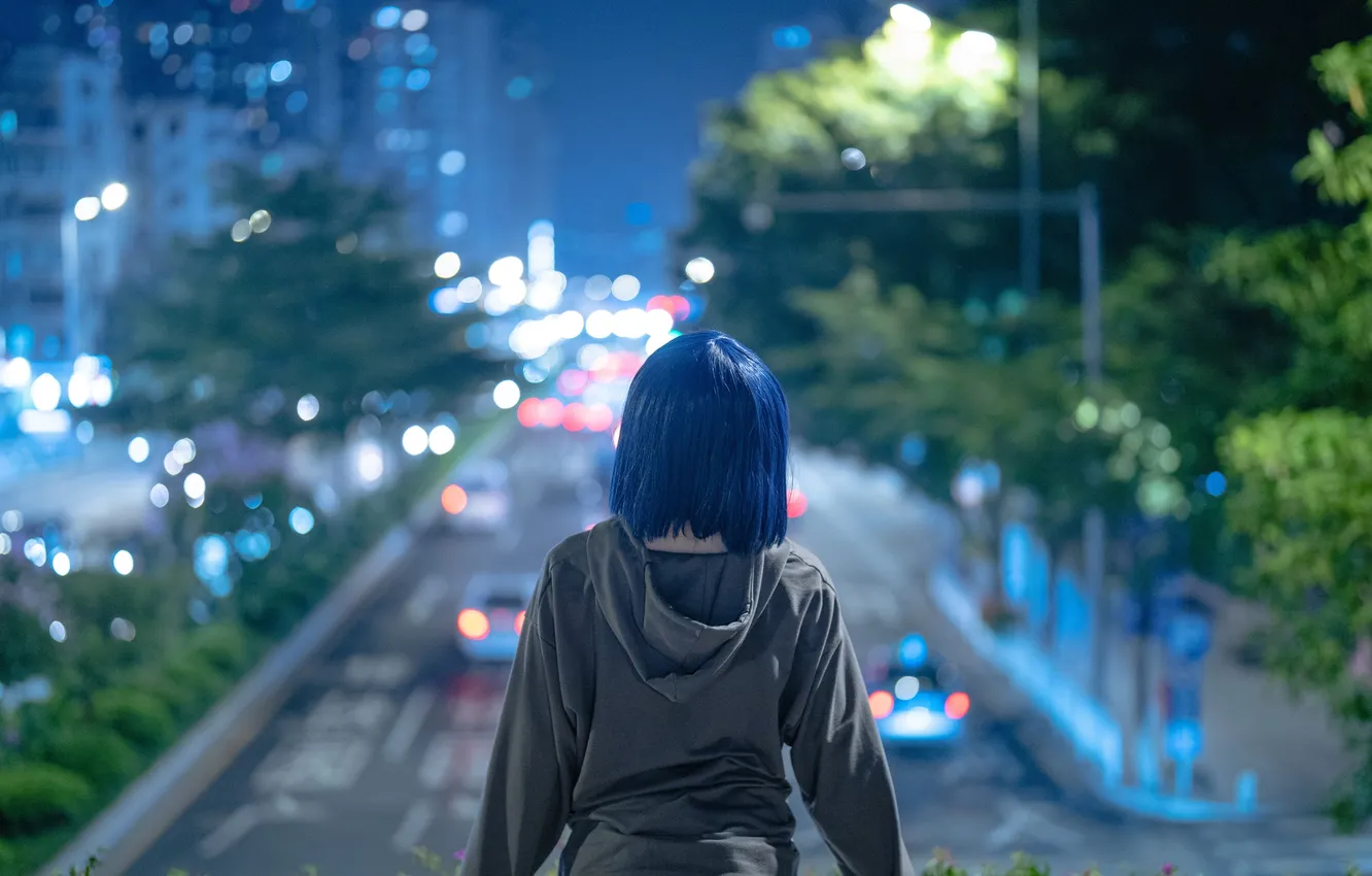 Photo wallpaper lights, road, trees, woman, night, model, asian, back