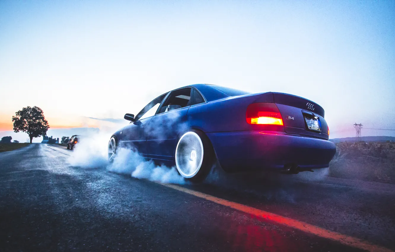 Photo wallpaper Audi, Audi, smoke, drift, blue, blue