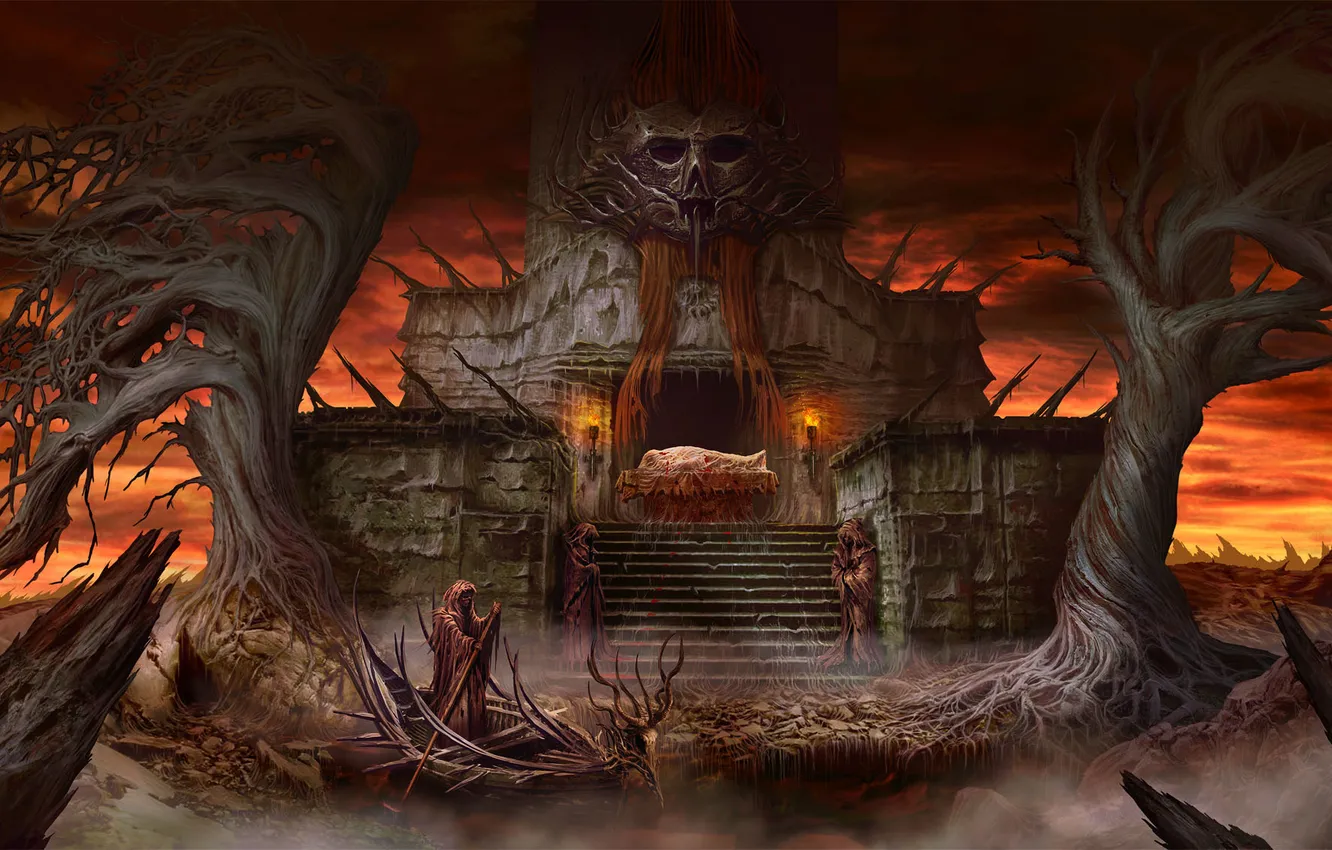 Photo wallpaper trees, boat, the victim, art, torch, the altar, gloomy, priest