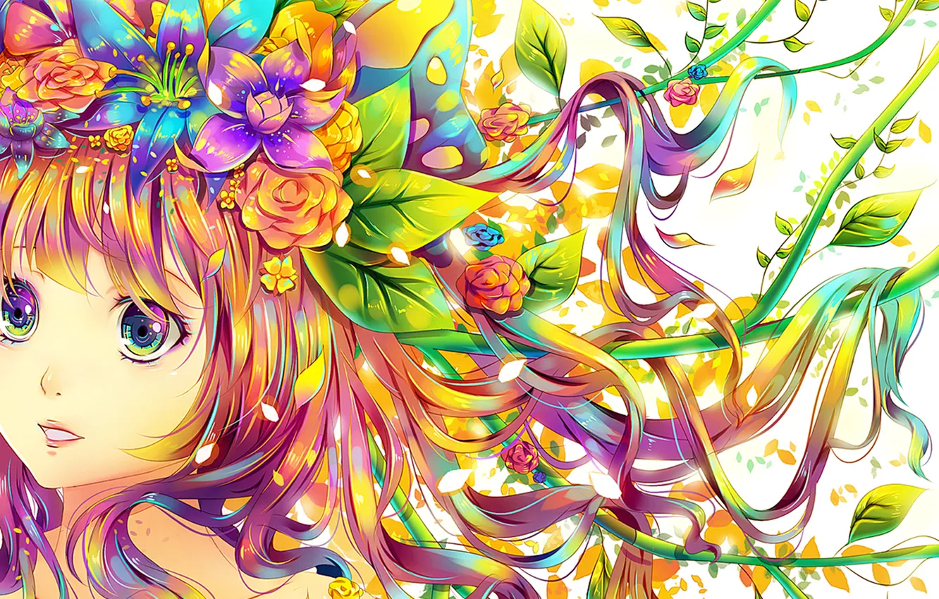 Photo wallpaper leaves, girl, flowers, rainbow, wreath