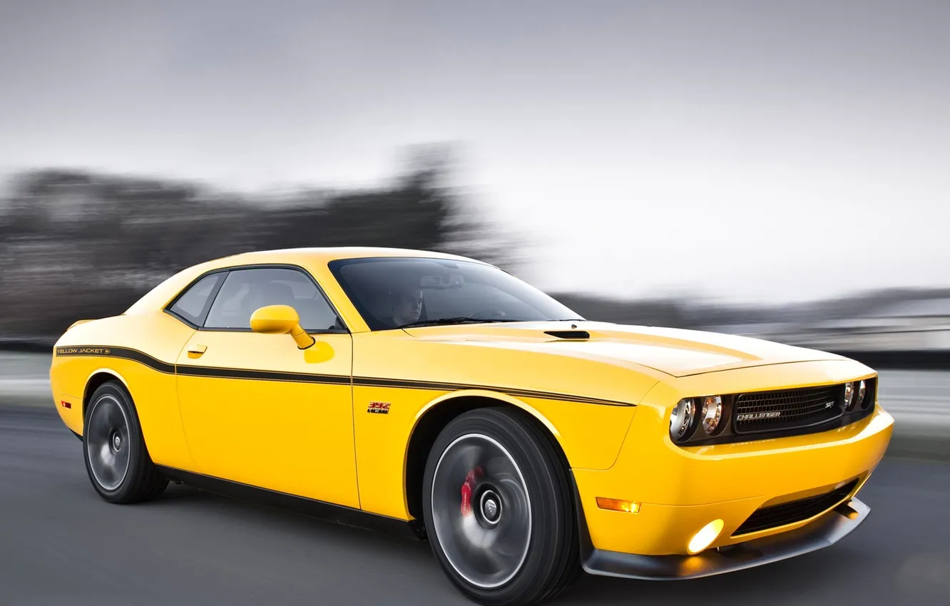 Photo wallpaper yellow, speed, Dodge, SRT8, Challenger, muscle car, Dodge, muscle car