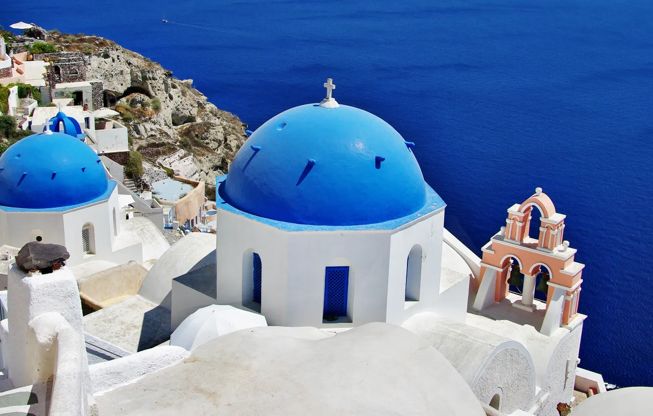 Photo wallpaper sea, Santorini, Greece, Church, dome, Santorini, Oia, Greece