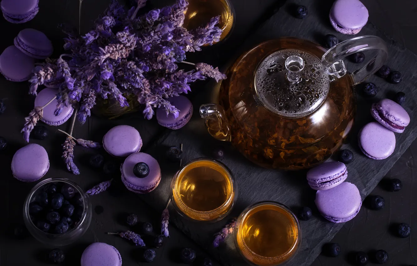 Photo wallpaper tea, kettle, Cup, lavender, blueberries