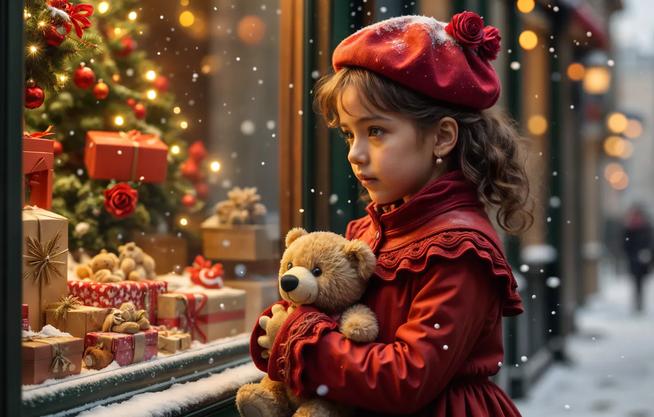 Photo wallpaper Christmas, cute, christmas decoration, snowfall, Christmas Eve, cute girl, christmas gifts, celebrations