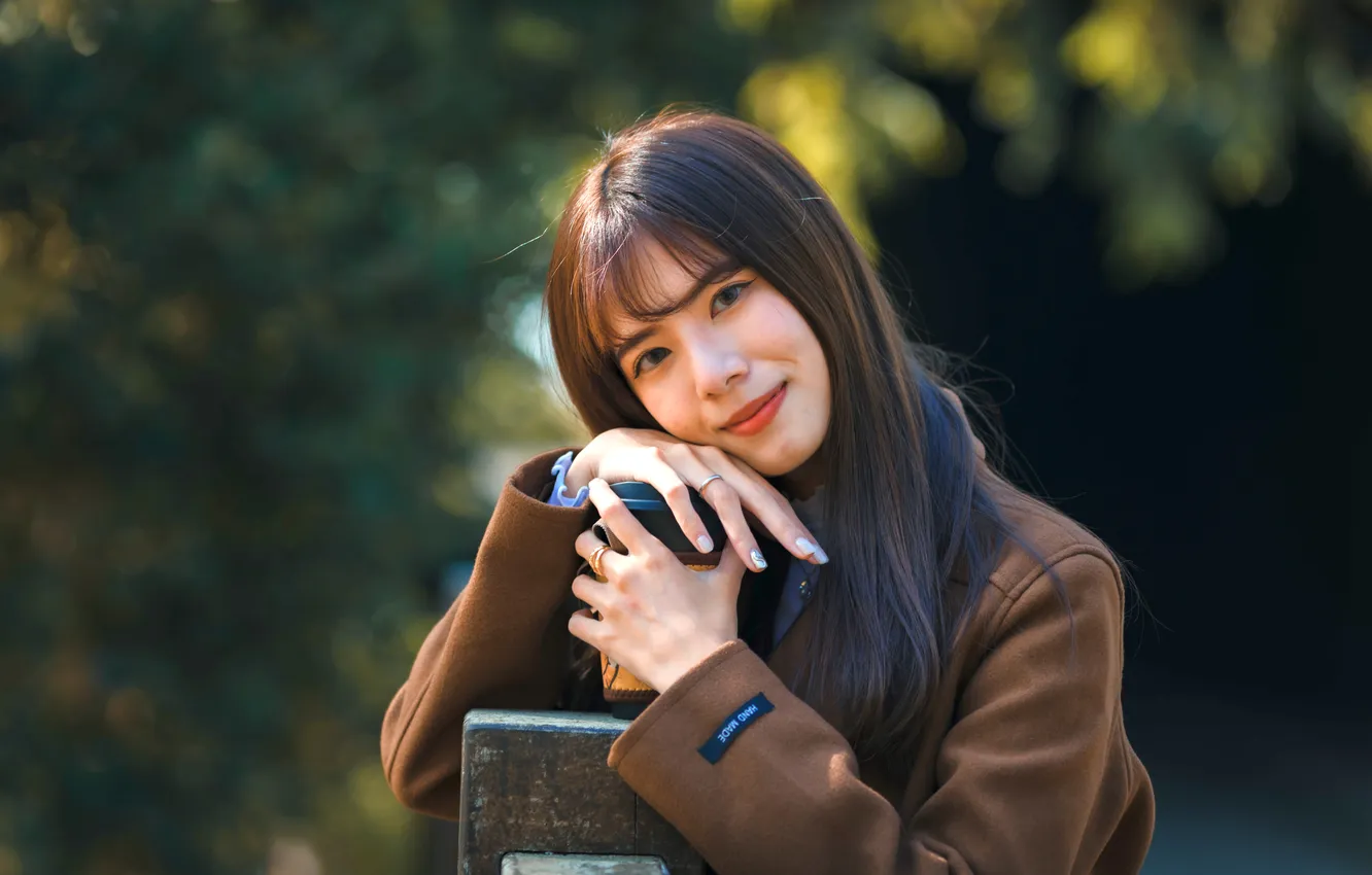 Photo wallpaper look, girl, coat, smile, Asian