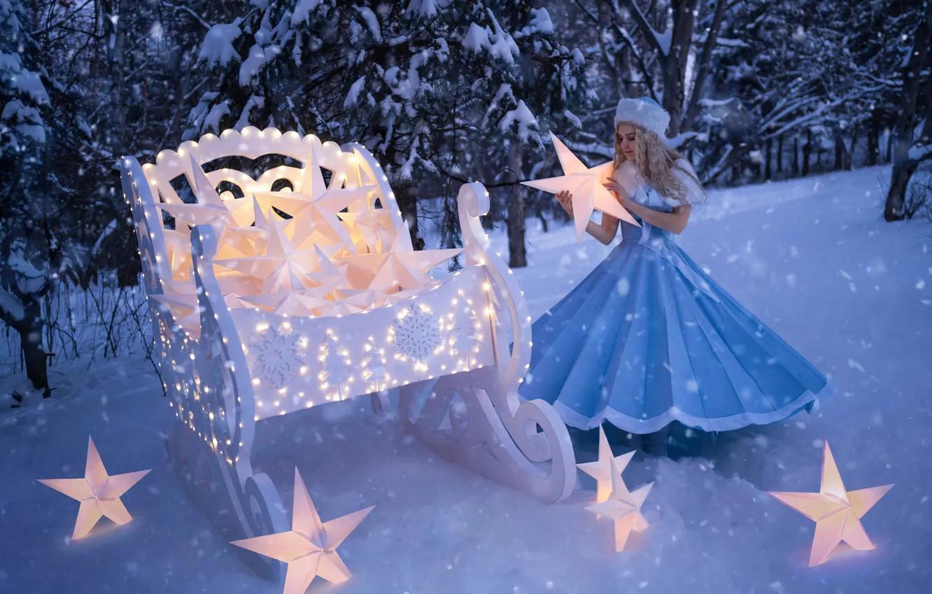 Photo wallpaper winter, frost, forest, look, girl, stars, light, snow