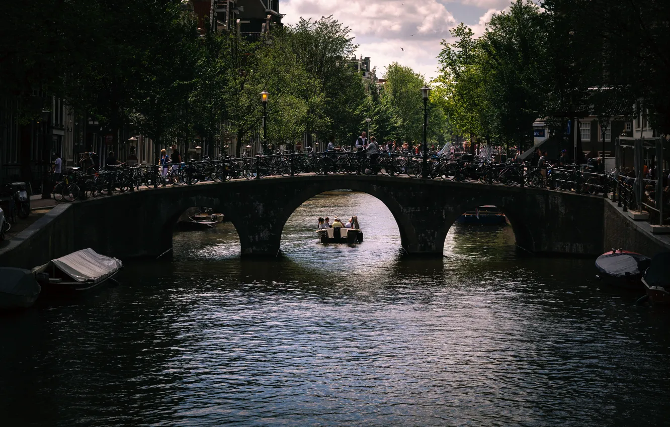 Photo wallpaper wave, summer, the sky, water, clouds, trees, bridge, bike