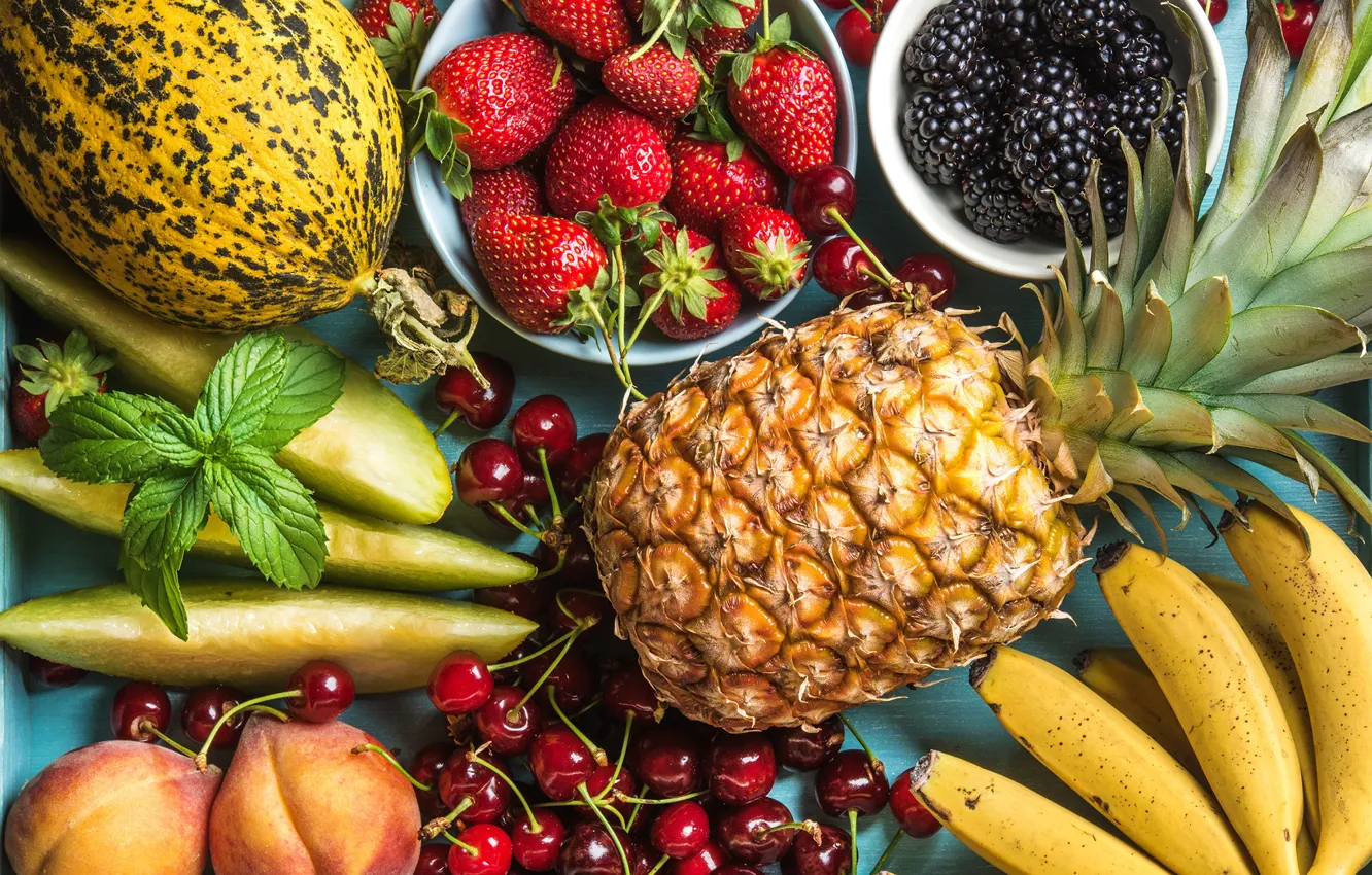 Photo wallpaper cherry, strawberry, bananas, fruit, pineapple, peaches, BlackBerry