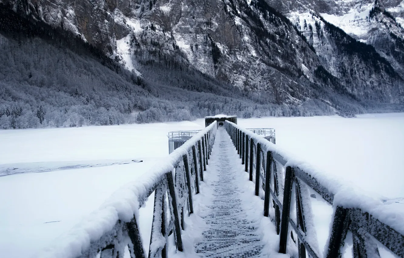 Photo wallpaper winter, mountains, bridge, lake