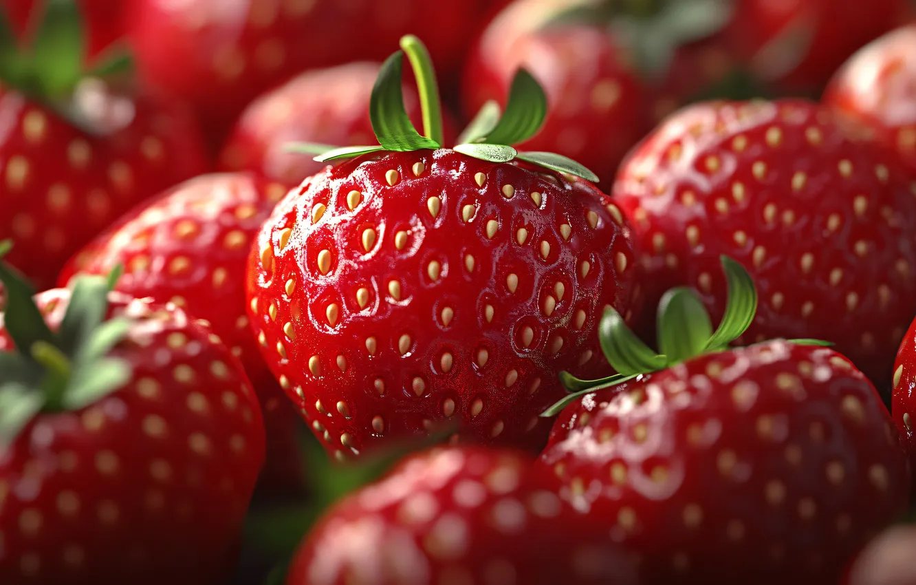 Photo wallpaper macro, light, berries, harvest, strawberry, a lot, AI art, neural network