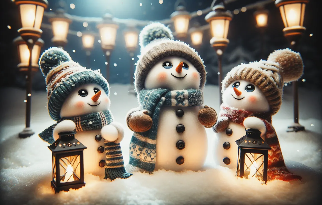 Photo wallpaper new year, Christmas, lights, snowman, AI art, neural network