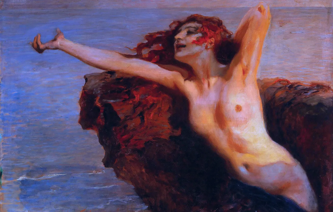 Photo wallpaper girl, stones, picture, naked, German artist, Leopold Schmutzler, Leopold Schmutzler, Siren by the sea