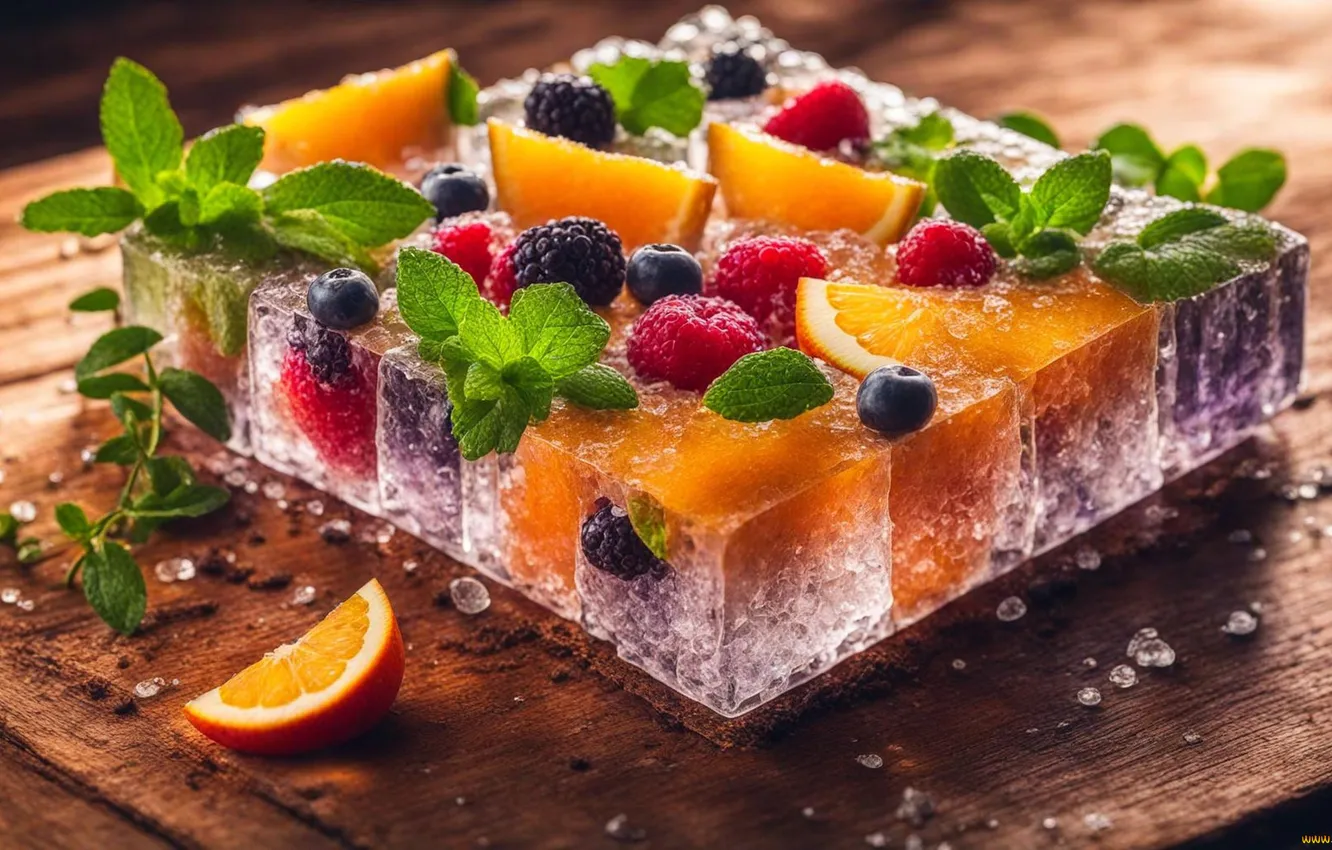 Photo wallpaper ice, berries, realism, fruit