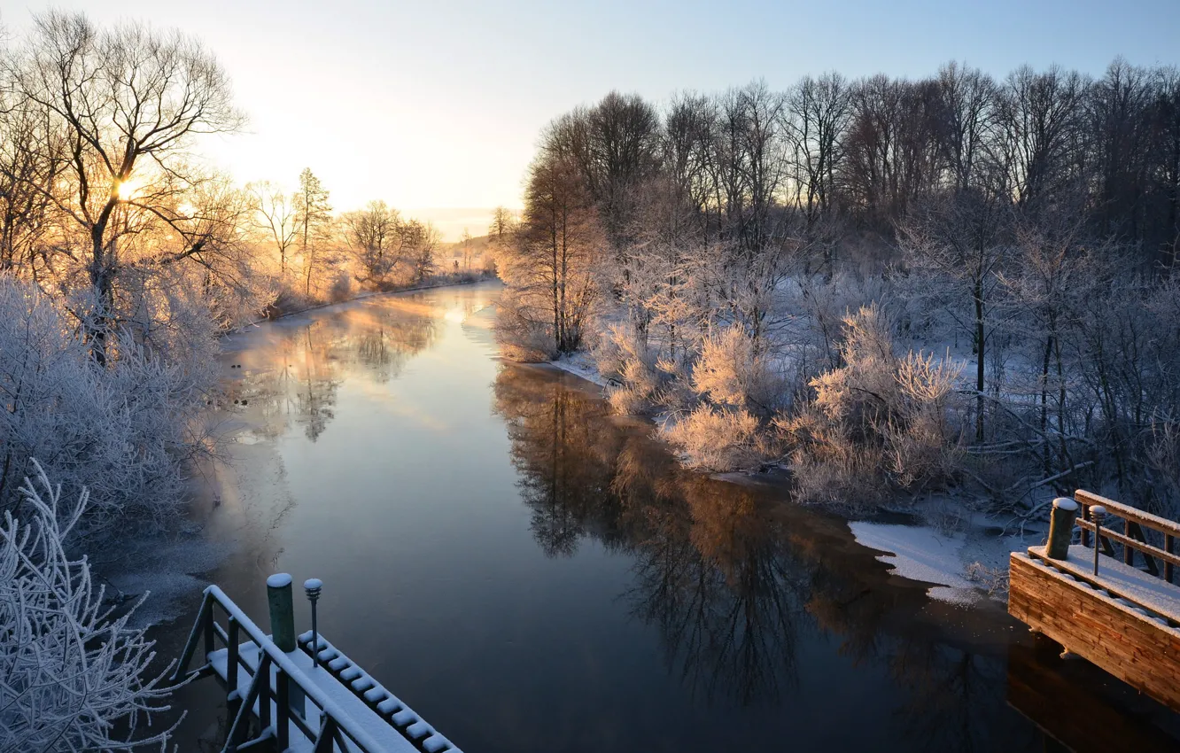 Photo wallpaper winter, river, morning, Sweden