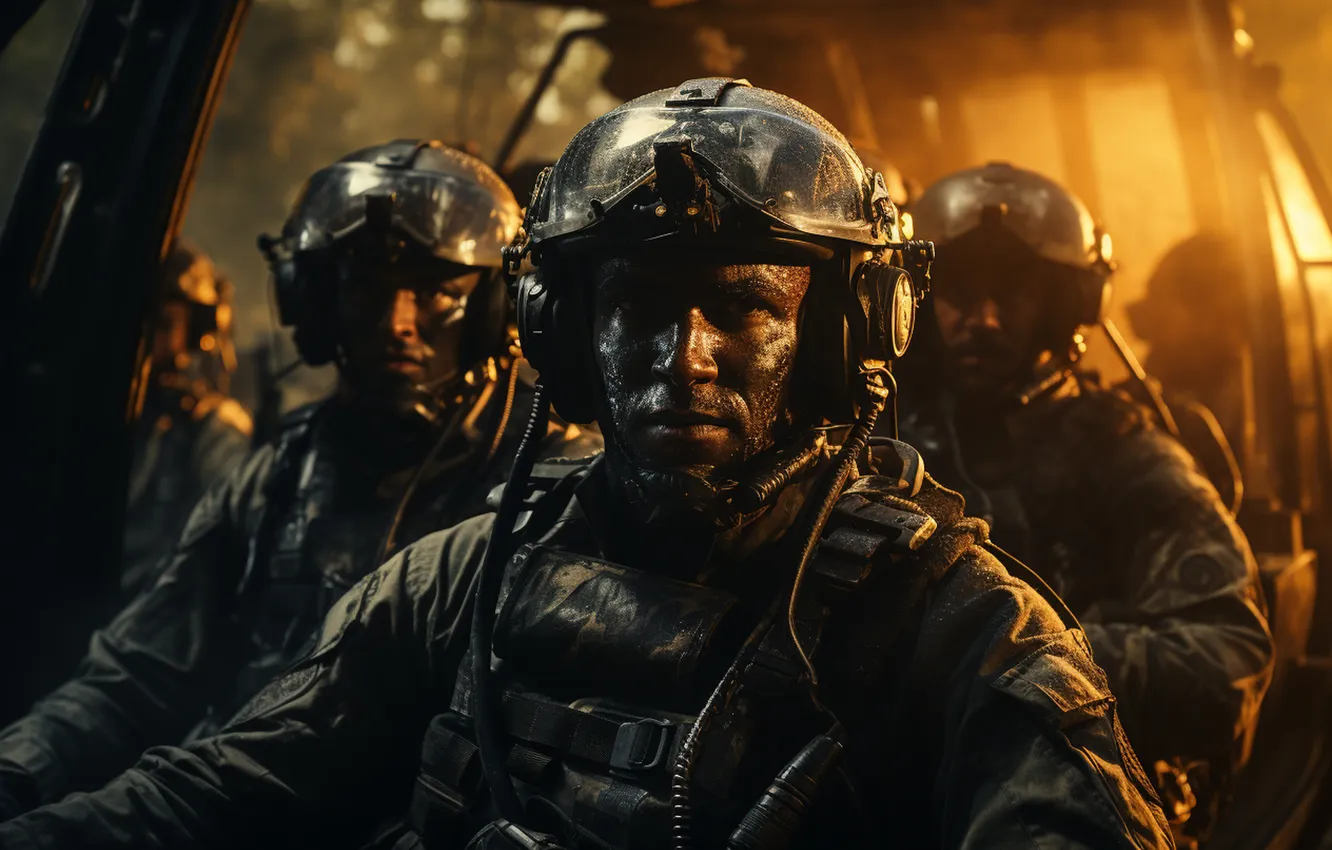 Photo wallpaper soldiers, male, equipment, helmet, digital art, AI art, The Art of Artificial Intelligence, neural network