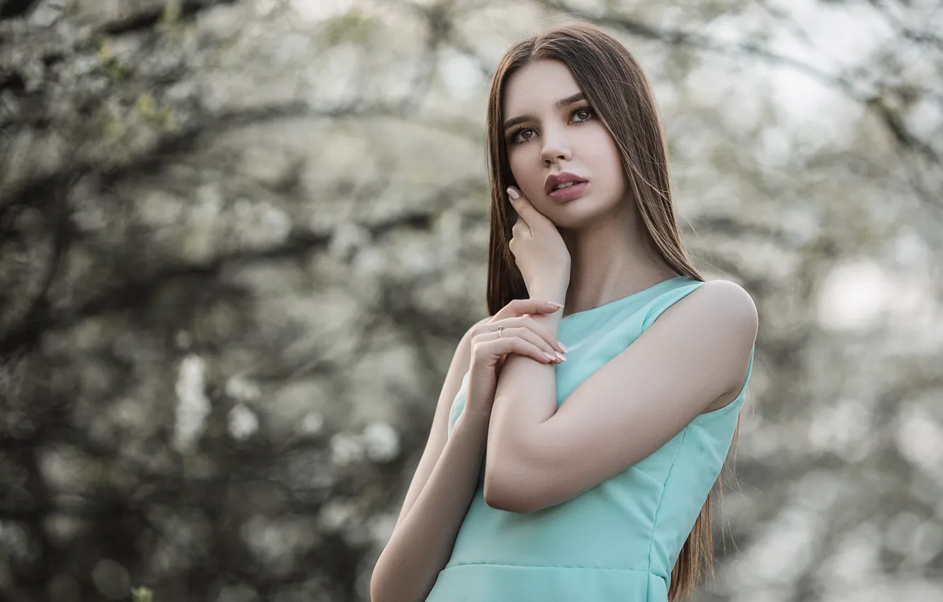 Photo wallpaper girl, nature, spring, dress, brown hair, Vladimir Vasiliev