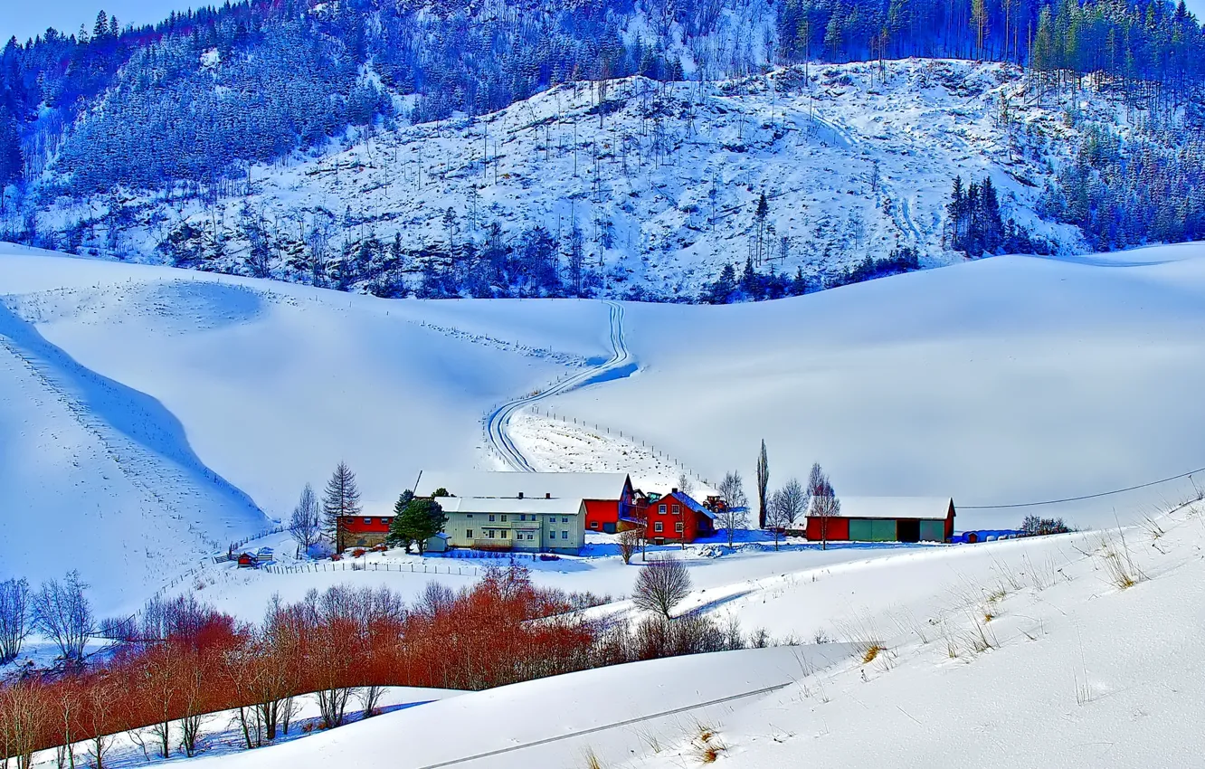 Photo wallpaper winter, snow, mountains, home, slope
