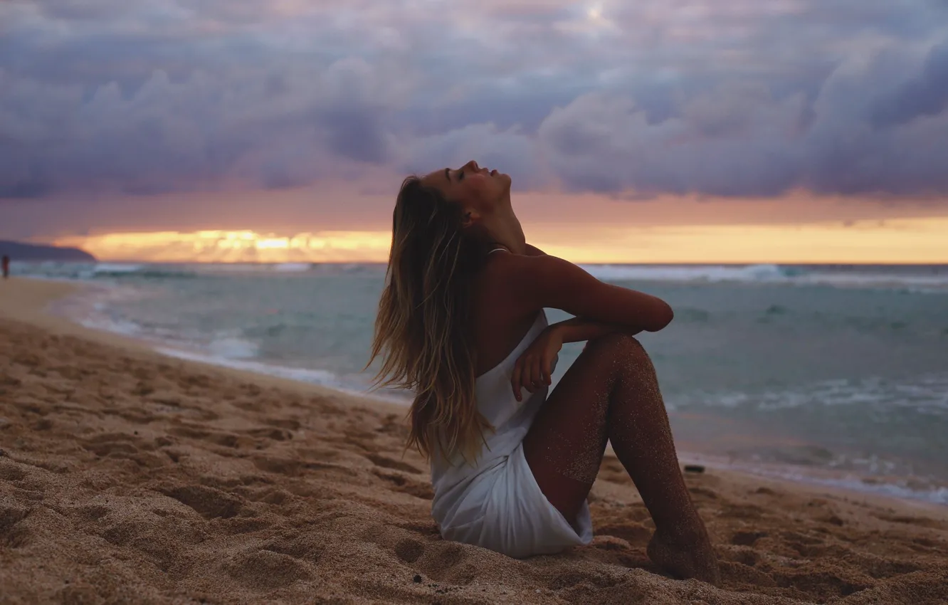 Photo wallpaper sand, beach, girl, clouds, sunset, sitting, Alexis Ren