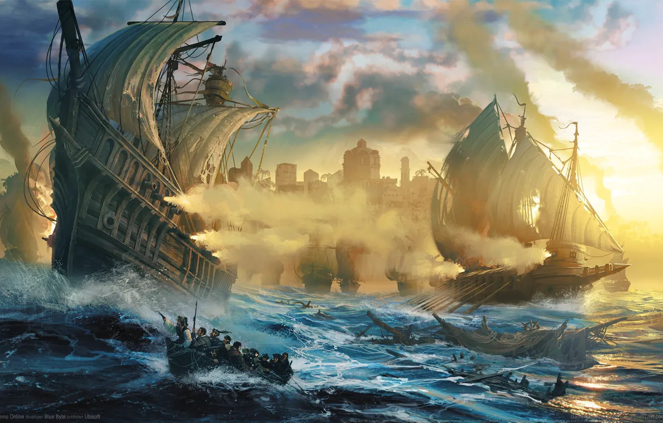 Photo wallpaper sea, wave, boat, ship, sail, game wallpapers, Anno Online