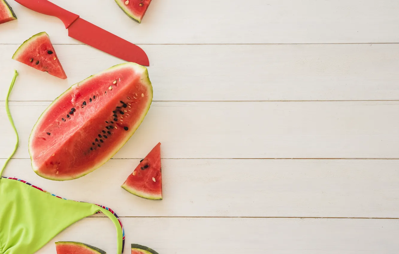 Photo wallpaper swimsuit, Board, watermelon, knife, light background, slices, slices
