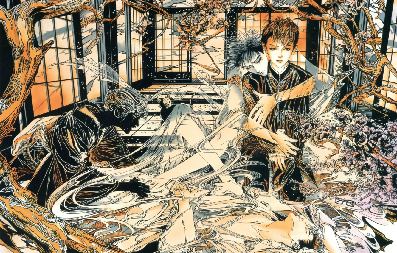 Photo wallpaper trees, spirit, hands, window, hugs, Ghost, guy, manga