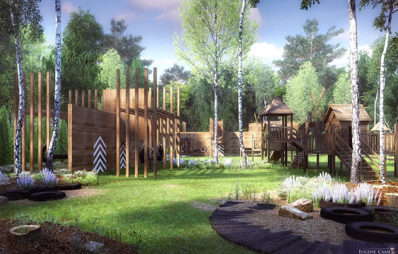 Photo wallpaper forest, buildings, lawn, Playground, CHILDREN'S PLAYHOUSES