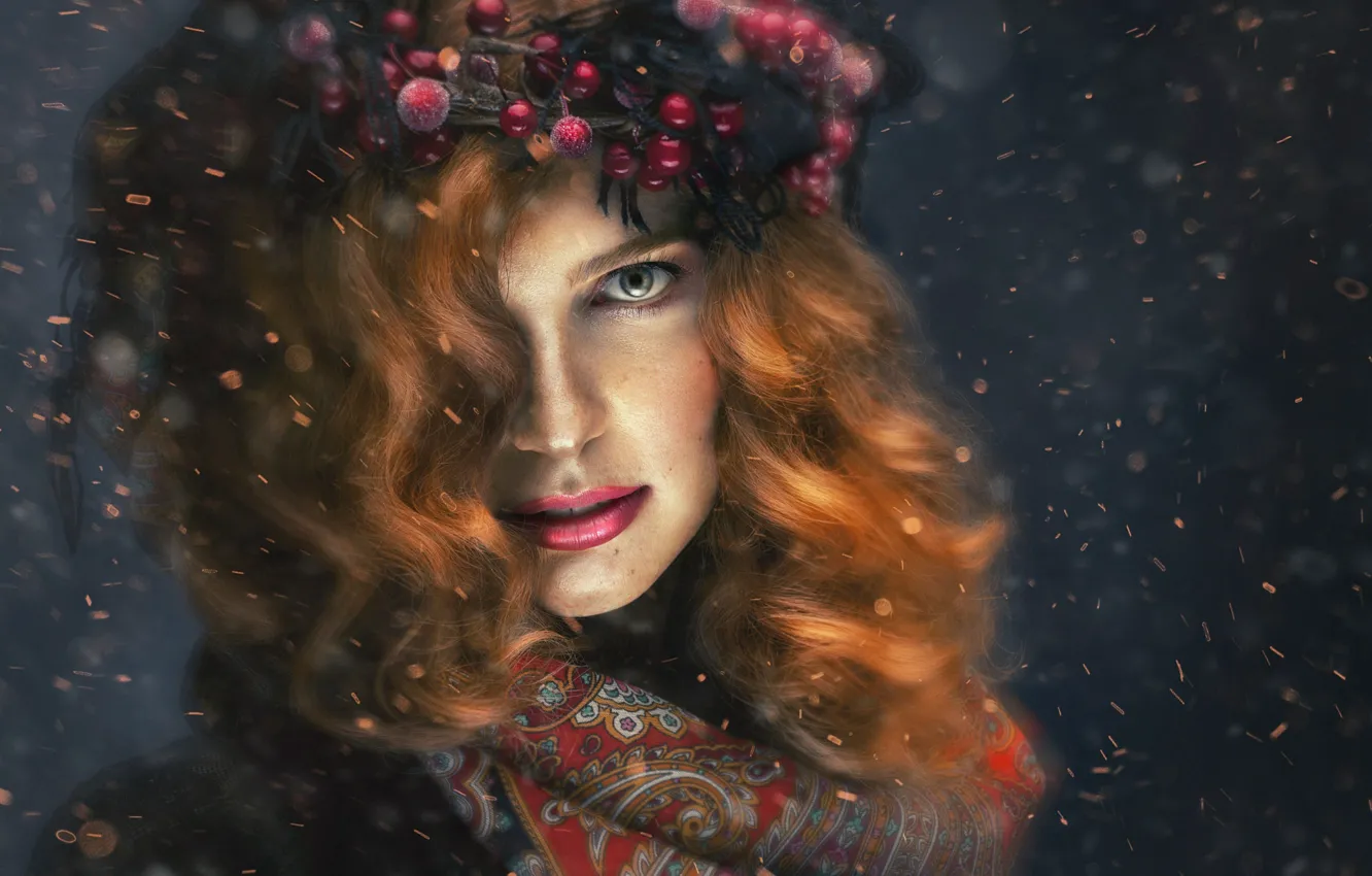 Photo wallpaper look, girl, snow, face, berries, red, wreath, shawl