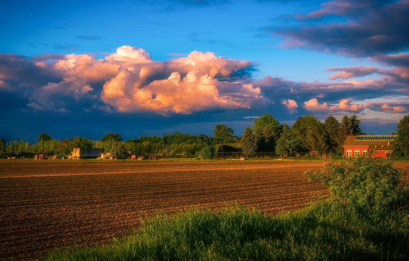 Photo wallpaper light, home, spring, tractor, arable land