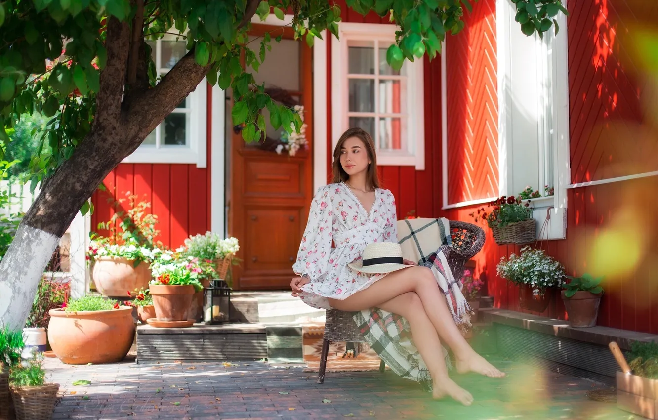 Photo wallpaper girl, flowers, model, women, brunette, white hat, looking at viewer, Summer Dress