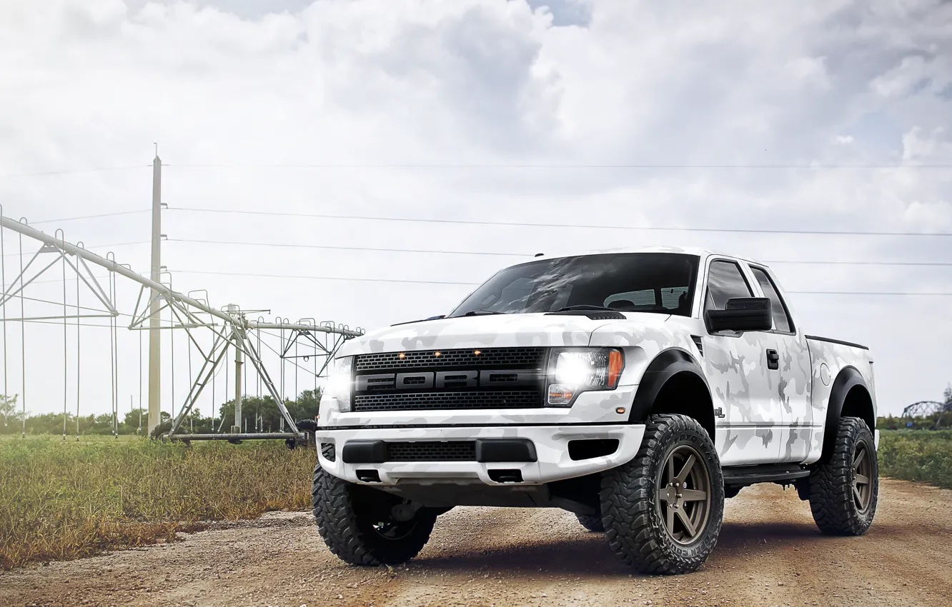 Photo wallpaper white, the sky, clouds, Ford, white, Ford, Raptor, pickup