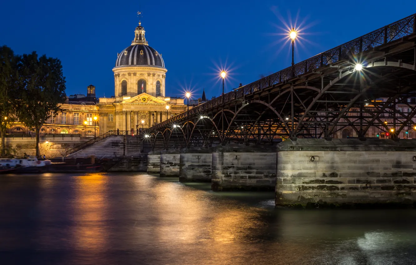 Photo wallpaper night, bridge, the city, river, France, Paris, boats, the evening