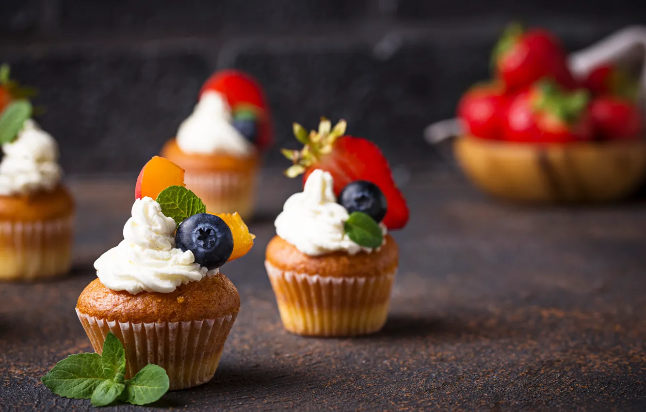 Photo wallpaper berries, cream, cupcakes, Yuliya Furman