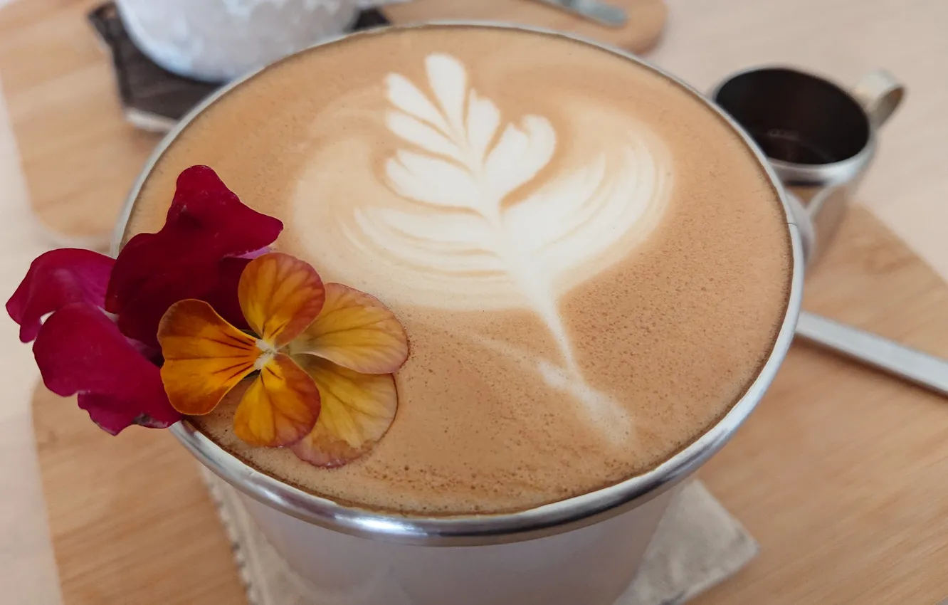 Photo wallpaper macro, coffee, petals, Cup
