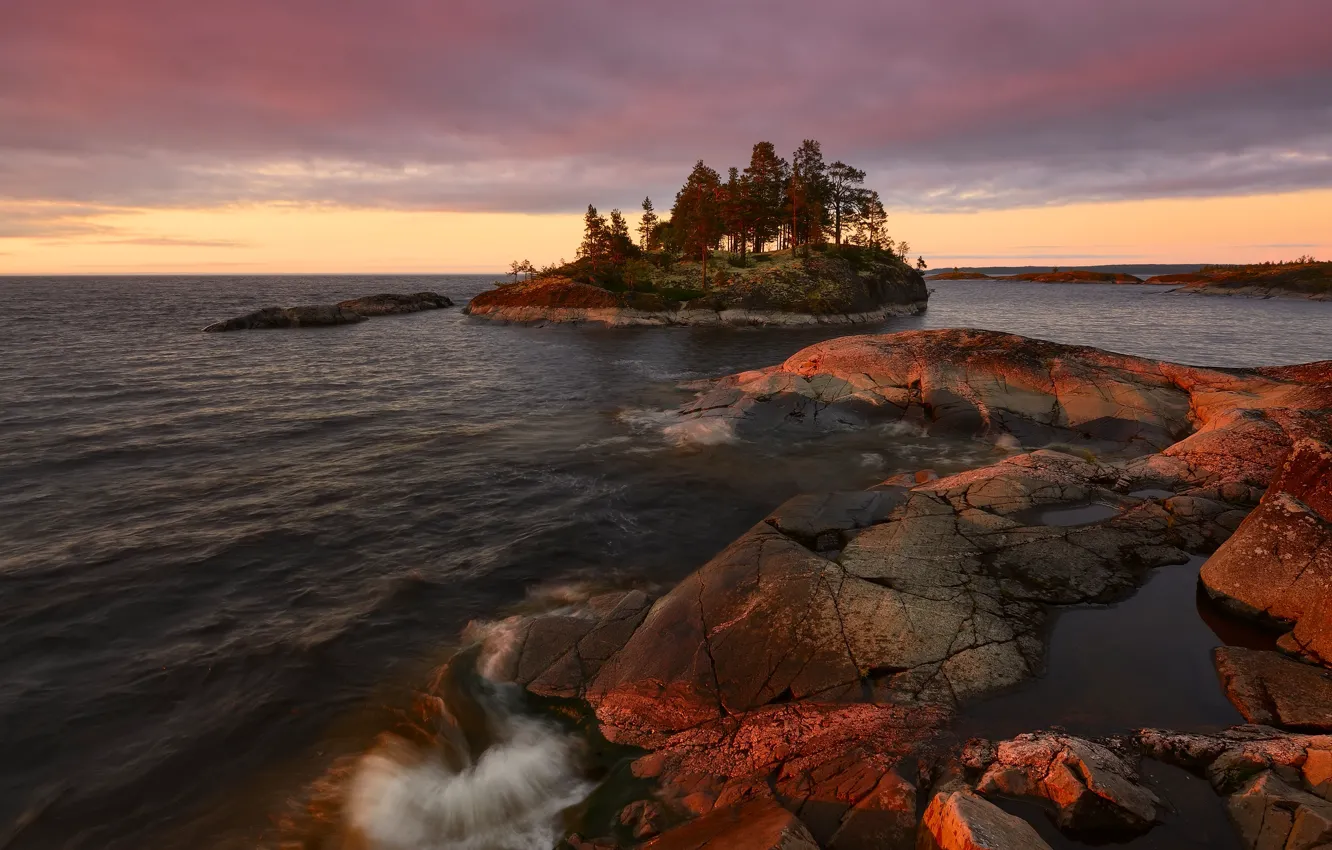 Photo wallpaper trees, landscape, nature, lake, stones, dawn, morning, Lake Ladoga