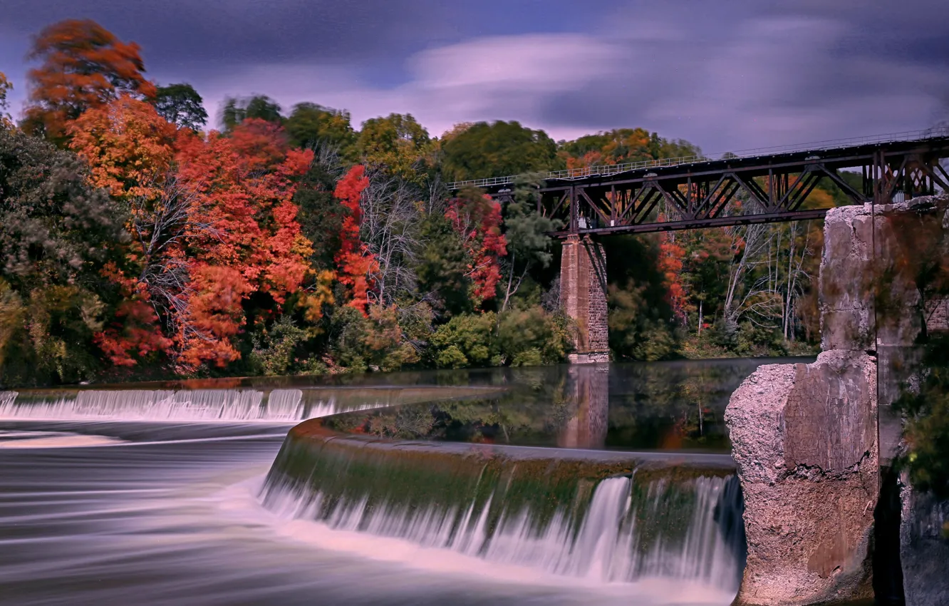 Photo wallpaper autumn, bridge, river, Canada