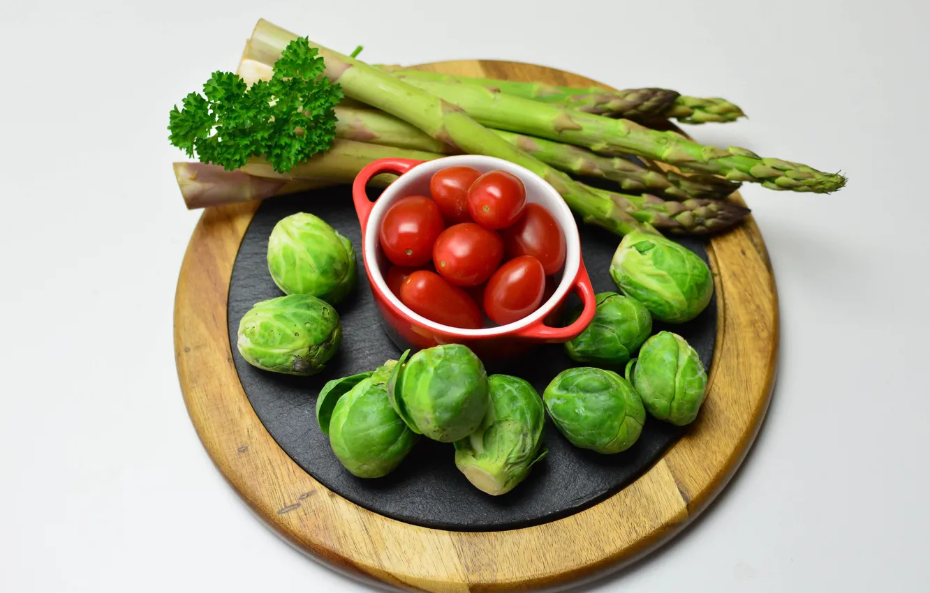 Photo wallpaper vegetables, tomatoes, parsley, asparagus