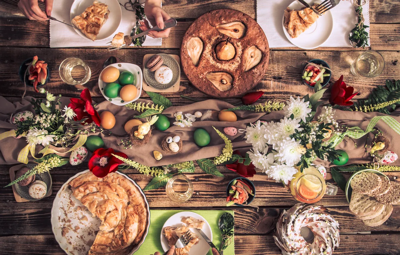 Photo wallpaper flowers, glass, table, holiday, Board, food, eggs, bouquet