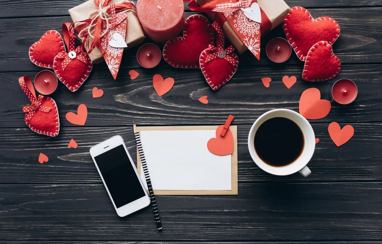 Photo wallpaper holiday, gift, coffee, candles, hearts, phone, Valentine's day