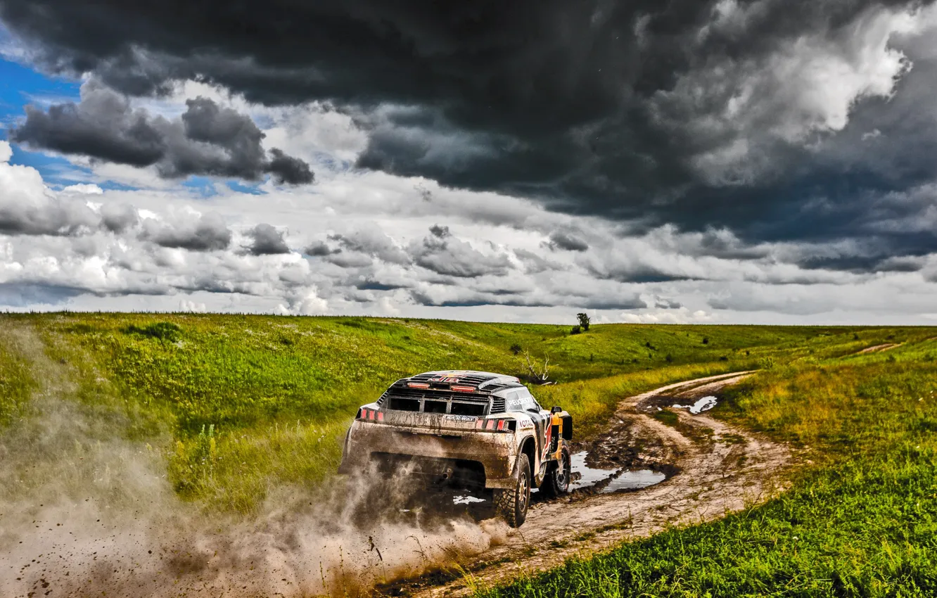 Photo wallpaper Field, Sport, Speed, Clouds, Race, Dirt, Peugeot, Lights