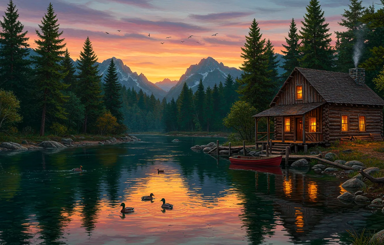 Photo wallpaper sunset, lake, boat, figure, art, wallpaper, house, house
