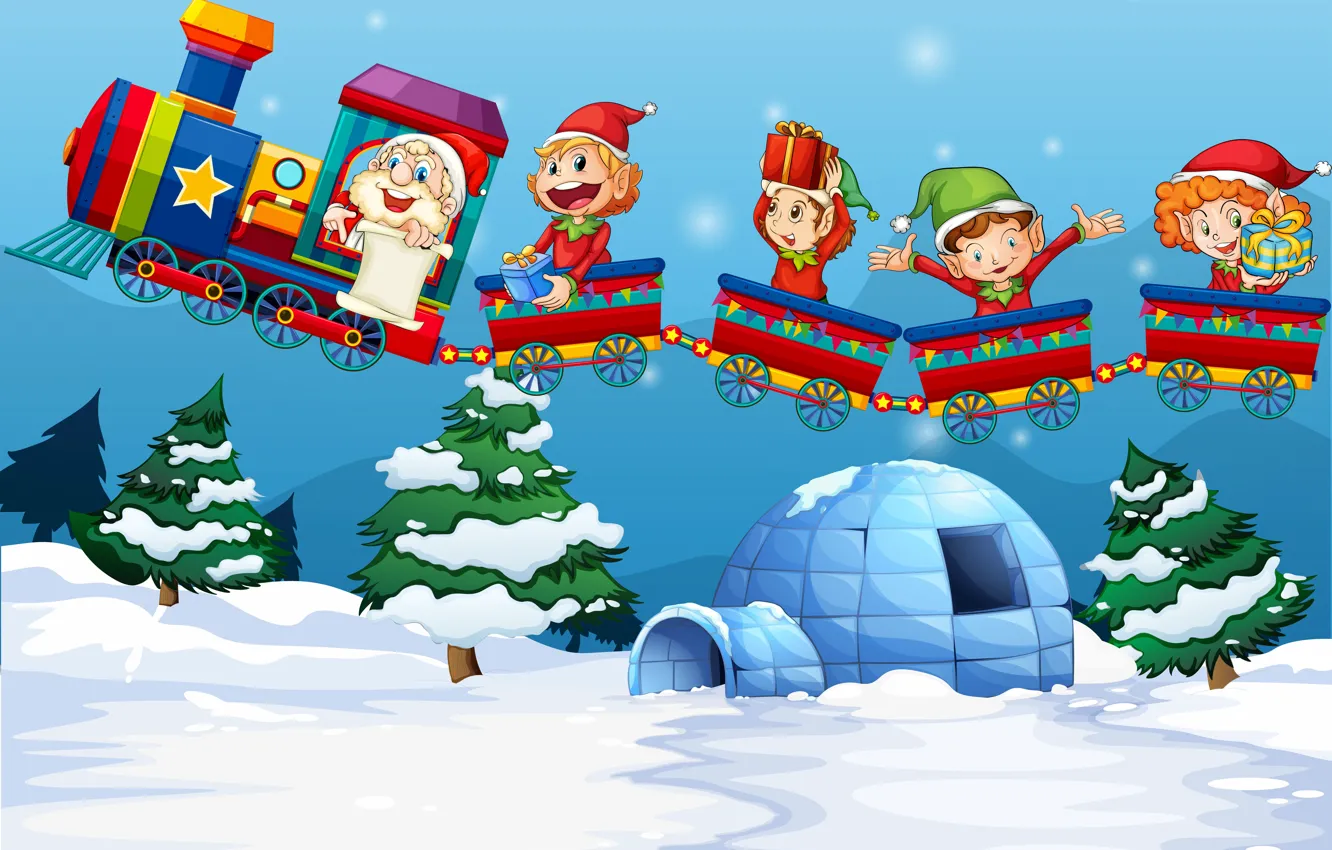 Photo wallpaper Winter, Snow, Smile, Train, Christmas, New year, Elves, Cars